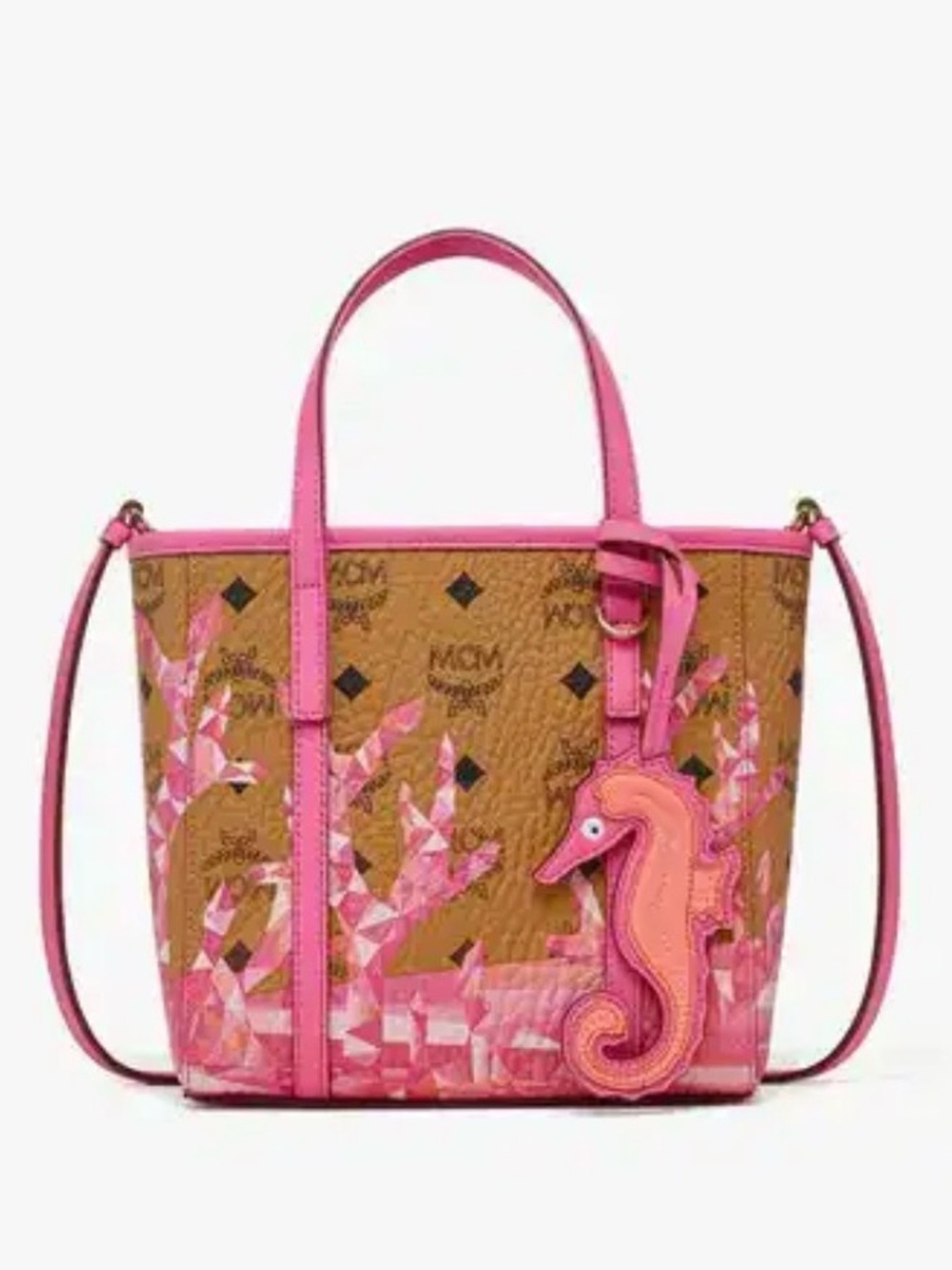 MCM Brown Visetos Canvas Tote with Pink Trim and Seahorse Charm
